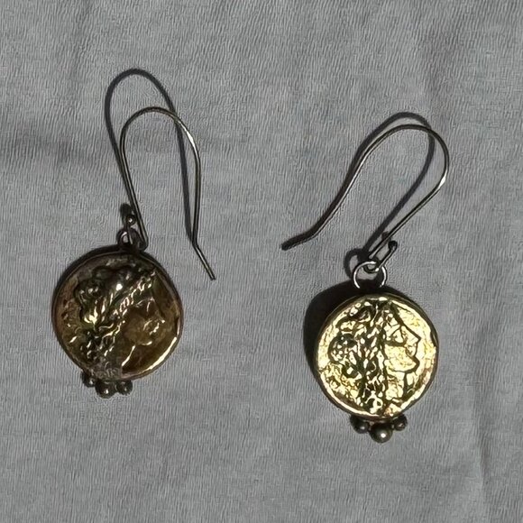 Gold Intaglio Cameo Roman Coin Style Drop Earrings - Picture 6 of 10